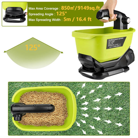 Cordless Grass Seed Spreader For Lawn Care With Ryobi 18V Battery Compatibility showing hopper and spreading angle