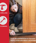 Person installing Vinyl Cinch U Shape Door Bottom Seal Slide On Weather Stripping Draft Stopper Easy Install Fits 36 Inch By One And Three Quarter Inch Doors Fills Gaps From Three Eighth To Three Quarter Inch Brown under a wooden door