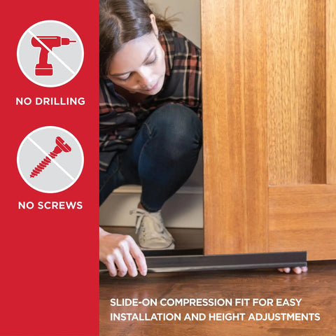 Person installing Vinyl Cinch U Shape Door Bottom Seal Slide On Weather Stripping Draft Stopper Easy Install Fits 36 Inch By One And Three Quarter Inch Doors Fills Gaps From Three Eighth To Three Quarter Inch Brown under a wooden door