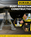 Front view of two gray steel 3-ton jack stands supporting a vehicle; rust-resistant construction.