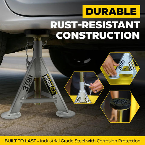 Front view of two gray steel 3-ton jack stands supporting a vehicle; rust-resistant construction.
