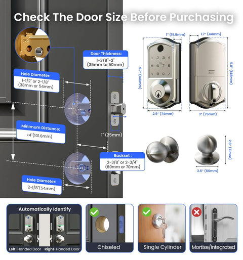 No Sweat App Paired Fingerprint Smart Front Lock With Heavy Duty Knob Set And Slick Satin Nickel Finish smooth keyless entry specifications.