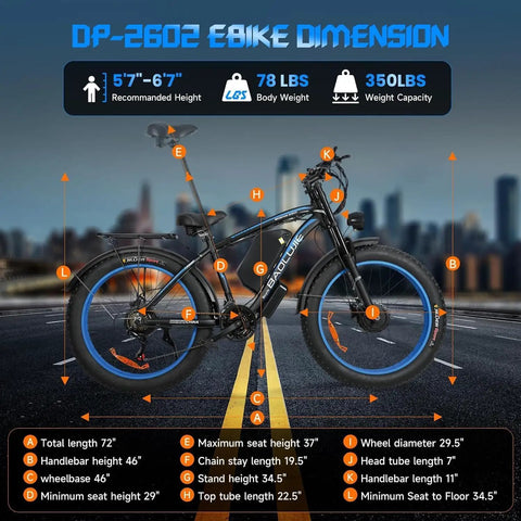 All Wheel Drive Electric Mountain Bike For Adults With Dual 1500W Motors, Up To 80 Mile Range And 38 MPH Peak, size dimensions shown