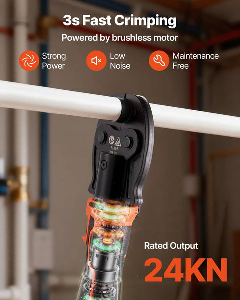 VEVOR 18V Cordless Electric PEX Pipe Press Crimping Tool showcasing brushless motor, fast crimping, and 24KN rated output.