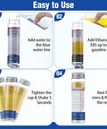 Instructions showing the use of 2 Pack Reusable E85 Ethanol Tester Kit With Wide Mouth Bottles, demonstrating each testing step.