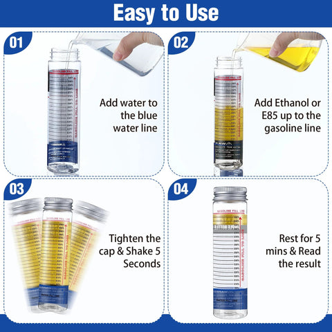 Instructions showing the use of 2 Pack Reusable E85 Ethanol Tester Kit With Wide Mouth Bottles, demonstrating each testing step.