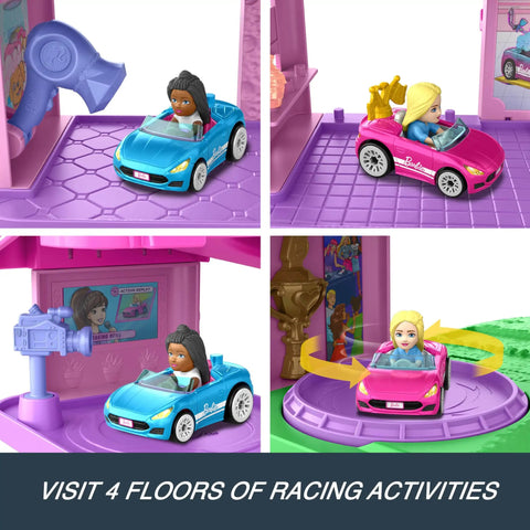 RacerVerse Barbie Spiral Track Set With Barbie Malibu And Barbie Brooklyn Cars on pink track visiting themed rooms