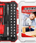 Top Rated Cordless Electric Screwdriver Kit With 28 Handy Bits And Magnetic Holder USB Powered, open case showing screwdriver and bits.