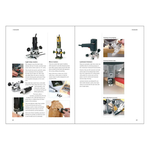Super Solid Woodworking Router Manual Freshly Updated Paperback With Straight Fire Joinery Tips For Dead Simple Noobs And Level Two Cabinet Makers On The Block, pages showing light duty routers, micro routers, and laminate trimmers.