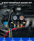 All In One AC Manifold Gauge Set With Five Foot Hoses For R1234YF R404A And R134A Three Way System For Quick A C Service With Self Sealing Can Taps And Quick Couplers. 3-way manifold gauges on an engine bay