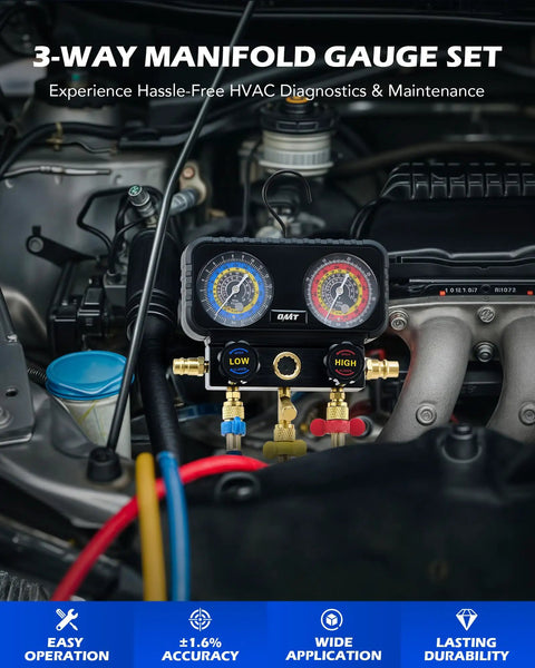 All In One AC Manifold Gauge Set With Five Foot Hoses For R1234YF R404A And R134A Three Way System For Quick A C Service With Self Sealing Can Taps And Quick Couplers. 3-way manifold gauges on an engine bay