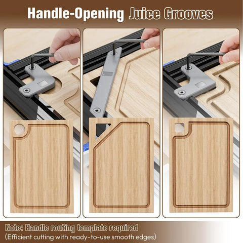 Buttery Smooth Adjustable Router Jig For Cutting Board Handles Corner Guide shown with juice grooves on wood templates.