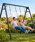 People enjoying 8Ft Heavy Duty Swing Stand With Extra Large Frame For Outdoor Hammocks in a garden, supports up to 440 lbs