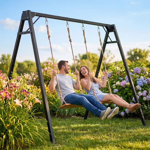 People enjoying 8Ft Heavy Duty Swing Stand With Extra Large Frame For Outdoor Hammocks in a garden, supports up to 440 lbs