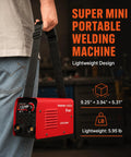 132A 110V Arc Welder With IGBT Inverter Hot Start Arc Force Anti Stick Portable Mini Welder shown on hip with strap