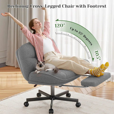 Person relaxing on Cross Legged Desk Chair With Foot Rest, Cozy Teddy Plush Upholstery, Six Point Three Inch Thick Cushion, Grey.