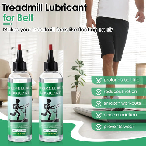 8oz Silicone Treadmill Belt Lubricant for Easy Peasy Quiet Smooth Runs with treadmill illustration and product benefit icons