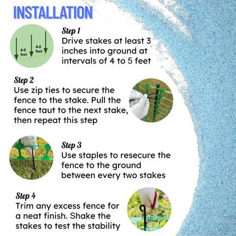 Installation steps for Extra Strength Plastic Fence With Stakes 40 Inch By 100 Foot Roll Green Heavy Duty Temporary Fence