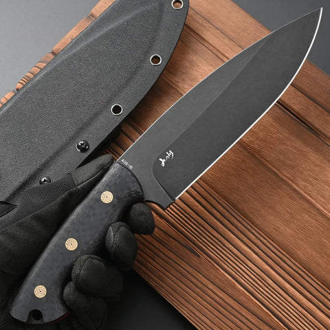 Fixed Blade Knife With AUS-10 Steel, Black Carbon Fiber Handle, Full Tang, And Sheath For Outdoor Camping And Hunting, 11.81 Inch
