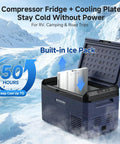 42Qt 12V Car Refrigerator Portable Electric Cooler With Smart App Control And Waterproof Build, Straight Up Silent Compressor Fridge for cooling with built-in ice pack.