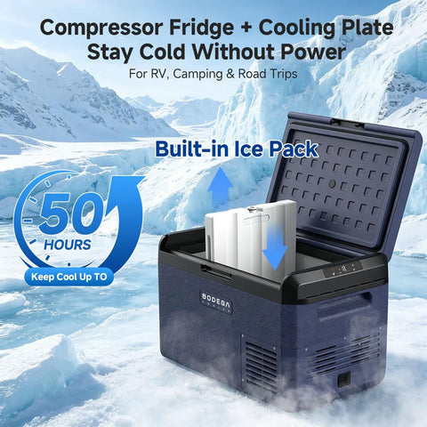 42Qt 12V Car Refrigerator Portable Electric Cooler With Smart App Control And Waterproof Build, Straight Up Silent Compressor Fridge for cooling with built-in ice pack.
