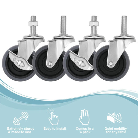 Three Inch Locking Stem Casters Set Of Four With Side Brakes Workhorse Quality featuring steel housing and gray wheels