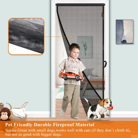 Child with toy next to hanging screen door for 36x80 openings with 38x81 curtain size, upgraded fiberglass mesh, dog at bottom