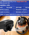 Image of a vacuum wheel assembly for Ridgid wet/dry vacuums, featuring various compatible WD model numbers and a displayed vacuum in use.