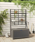 Badass Acacia Wood Outdoor Storage Chest With Built In Garden Trellis And Four Deep Compartments For Yard Gear Plus Patio Deck Essentials Tough As Nails Grey Wash Finish in garden with tools.