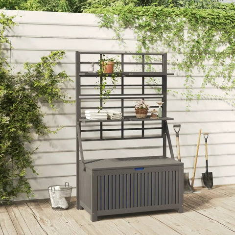 Badass Acacia Wood Outdoor Storage Chest With Built In Garden Trellis And Four Deep Compartments For Yard Gear Plus Patio Deck Essentials Tough As Nails Grey Wash Finish in garden with tools.