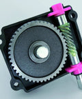 Interior gear box of 9 Kg Capacity Manual Spreader With Adjustable Strap And Crank, Red, showing fully enclosed durable mechanism
