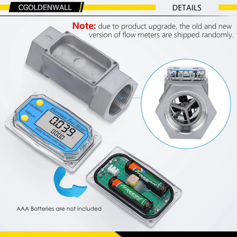 Turbine Flow Meter With LCD Display 1.5 Inch Inlet Outlet For Diesel Kerosene Gasoline, shown with electronics and battery tray.