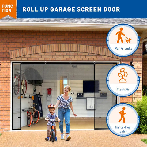 Magnetic Garage Door Screen 16x7 Ft For Two Cars, Heavy Duty Fiberglass Mesh, Double Opening With Two Magnetic Panels, Pet Friendly