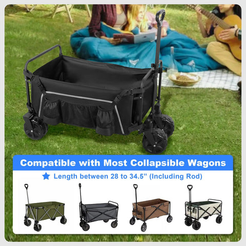Grab And Go Side Pocket For Folding Wagons With Reflective Strip And Mesh Pouch Built For Umbrella And Small Accessories Foldable Outdoor Camping Cart Organizer Black Bag Only, shown installed on collapsible wagon.