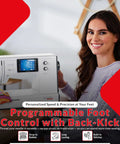 Heavy Duty Computerized Sewing Machine With Sharp LCD Screen Quilting Kit Extension Table And Bonus Bundle Making Homemade Creations A woman using a sewing machine, featuring a LCD screen and programmable foot control.