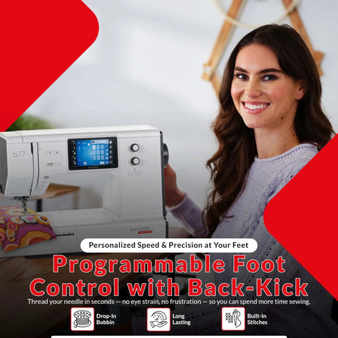 Heavy Duty Computerized Sewing Machine With Sharp LCD Screen Quilting Kit Extension Table And Bonus Bundle Making Homemade Creations A woman using a sewing machine, featuring a LCD screen and programmable foot control.