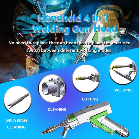 3000W Laser Welder Beast Mode 4 In One System For Metal Handheld gun head with interchangeable nozzles for welding and cleaning.