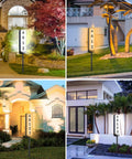 Solar Powered Address Sign For Yard With Vertical LED House Numbers IP65 Waterproof Outdoor Plaque Illuminated Two Sided Light For Night Visibility On Driveway Home And Street displayed in various garden settings.
