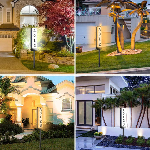 Solar Powered Address Sign For Yard With Vertical LED House Numbers IP65 Waterproof Outdoor Plaque Illuminated Two Sided Light For Night Visibility On Driveway Home And Street displayed in various garden settings.