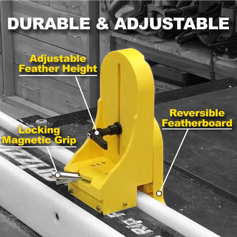 Vertical Featherboard Pro Table Saw Safety Attachment For Woodworking Shops, Keeps Materials Down For Cleaner, More Accurate Cuts, Bandsaw Compatible, Heavy Duty Tool Accessory Model 81101302, shown with adjustable feather height and locking magnetic grip.
