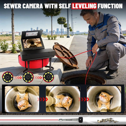 Badass Heavy Duty Self Leveling 7 Inch Sewer Camera With 100 Foot Waterproof Cable inspecting a drain with a cat inside.