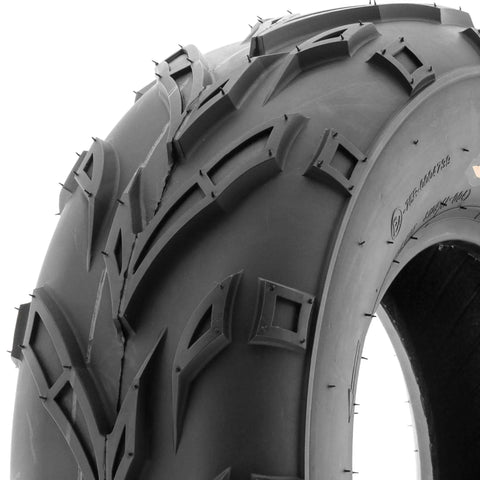 Close-up view of Set Of 4 All Terrain Go Kart ATV Tires 16x6-8 Front And 16x7-8 Rear 6 Ply Tubeless With V Knobby Tread