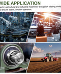 Self Aligning Pillow Block Bearing With One And One Eighth Inch Bore, Solid Cast Iron Base, Chrome Steel Flange Mounted, ABEC 3 Precision shown in industrial and agricultural machinery settings.
