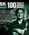 Black and white image of a man holding a tool with text about SK Professional Tools' 100 years of innovation.