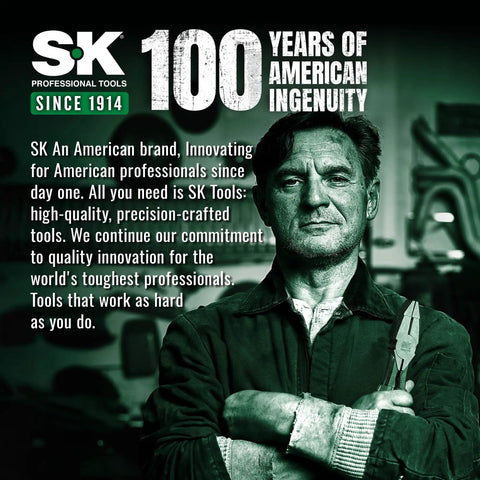 Man in workshop holding tools representing SK Professional Tools' 100 years of innovation, promotion poster.