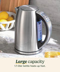 PerfecTemp 1.7 Liter Electric Kettle Cordless With 1500W Fast Heat Up And 6 Preset Temperatures stainless steel design