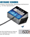 Keepin Tabs Digital Hour Meter With Tachometer and Maintenance Reminders showing LCD display and buttons for lawn mowers.