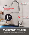 High Arc Kitchen Sink Faucet With Single Handle And Pull Out Spray Head In Stainless Steel Brushed Finish with rotating spout