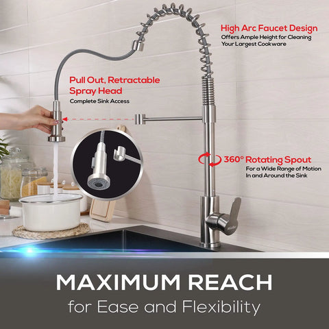High Arc Kitchen Sink Faucet With Single Handle And Pull Out Spray Head In Stainless Steel Brushed Finish with rotating spout