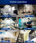 High Output 200W LED Garage Light With 6 Plus 1 Adjustable Panels shown in multiple settings including garage and basement